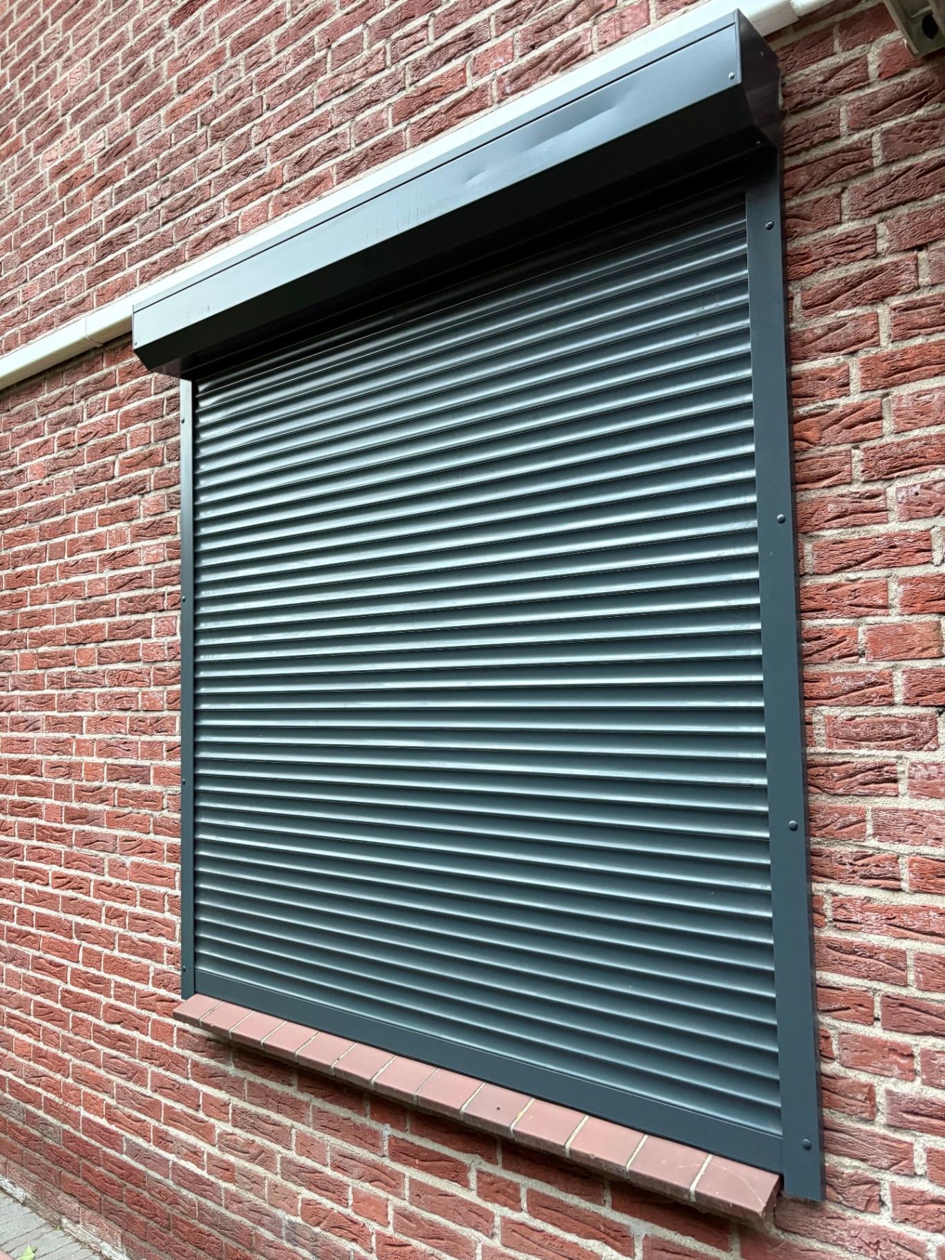 Antraciet rolluik, strak geplaatst voor een raam